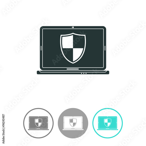 Notebook with shield. Laptop protection vector icon.