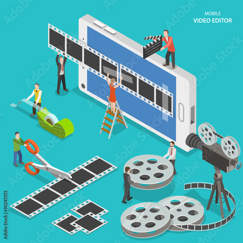 Mobile video editor flat isometric vector concept.