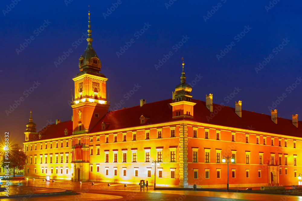 Royal Castle at night in Warsaw, Poland.