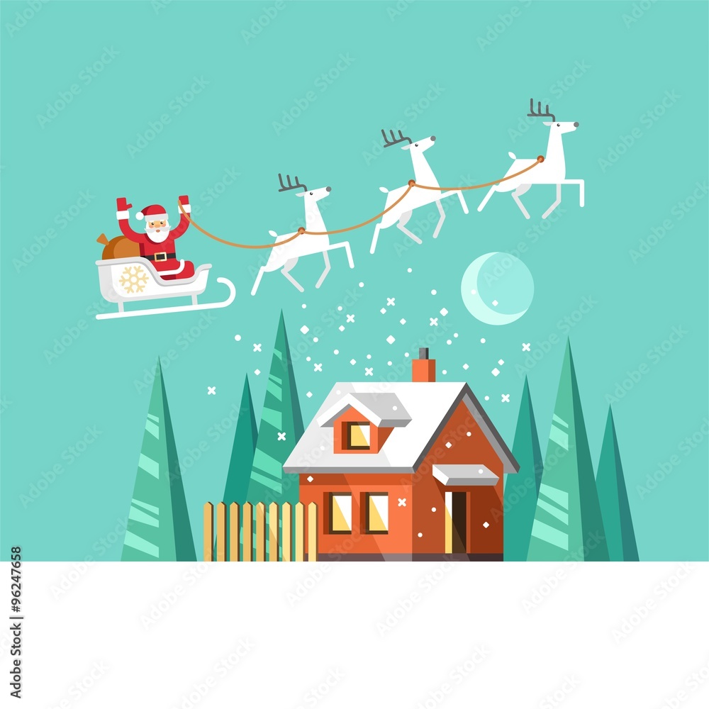 Santa Claus on sleigh and his reindeers. Winter house. Christmas card. Vector illustration, flat style.