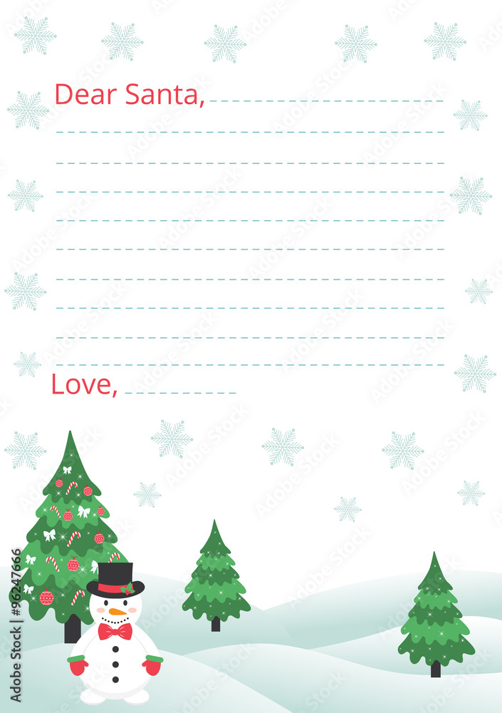 letter to santa with snowman and fir tree