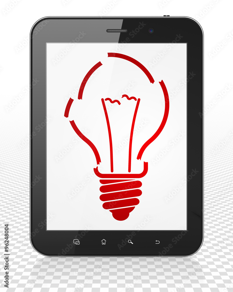 Finance concept: Tablet Pc Computer with Light Bulb on display