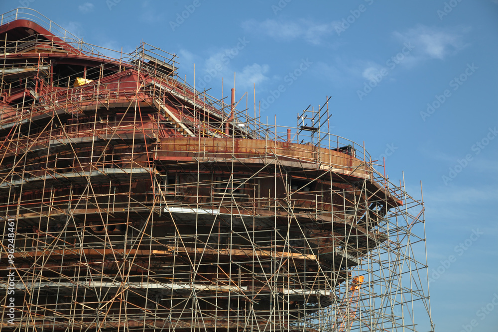 Close up of the ship under construction with scaffolding