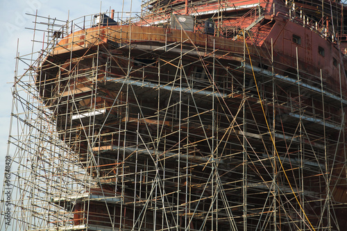 Close up of the ship under construction with scaffolding