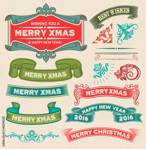 Christmas set - retro labels, banners and signs