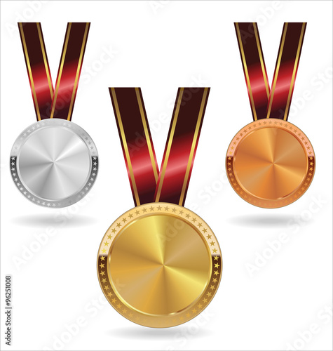 Collection of gold silver and bronze medals on white background