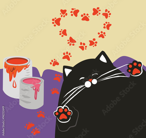 black cat artist, paws in paint