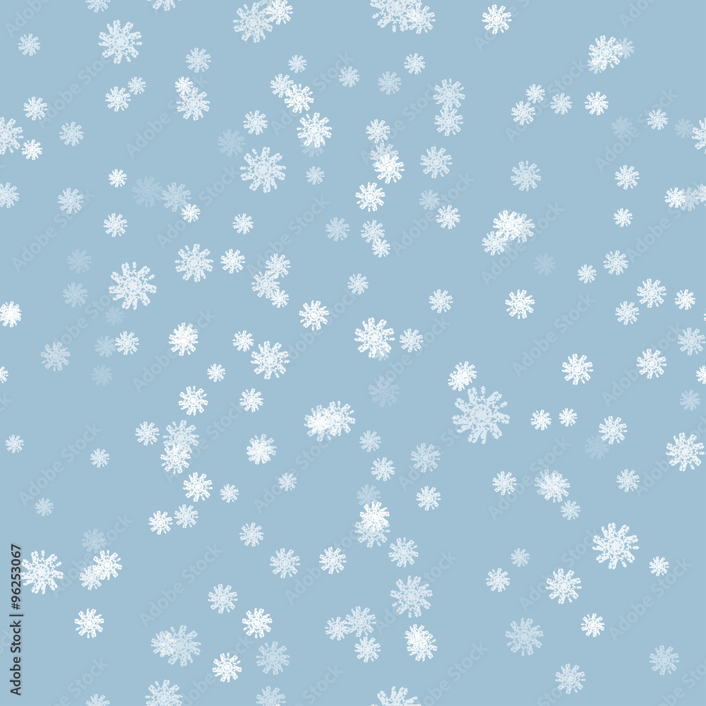 Winter snow vector brush seamless pattern with white snowflake created with illustrator ink paintbrush on blue background