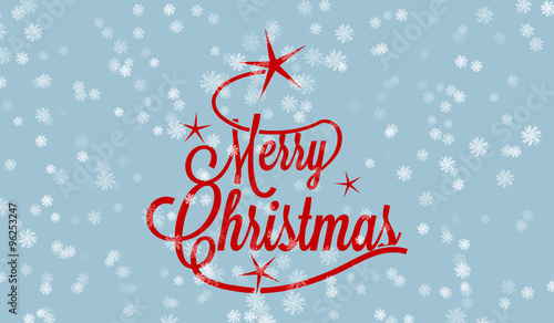 Merry Christmas greetings card with white snowflakes created by illustrator ink brush on blue background