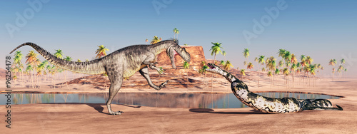 Megalosaurus and Titanoboa attacking each other photo