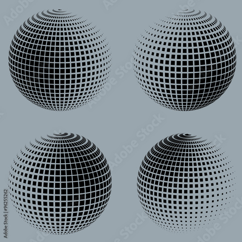 Collection of halftone sphere vector logo template. Abstract globe symbol, isolated round icon, business concept .You can use science and technology, tourism, financial or environmental background.