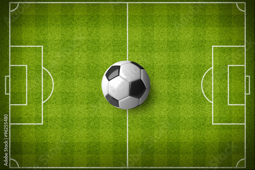 A realistic soccer ball on the center of the soccer field.