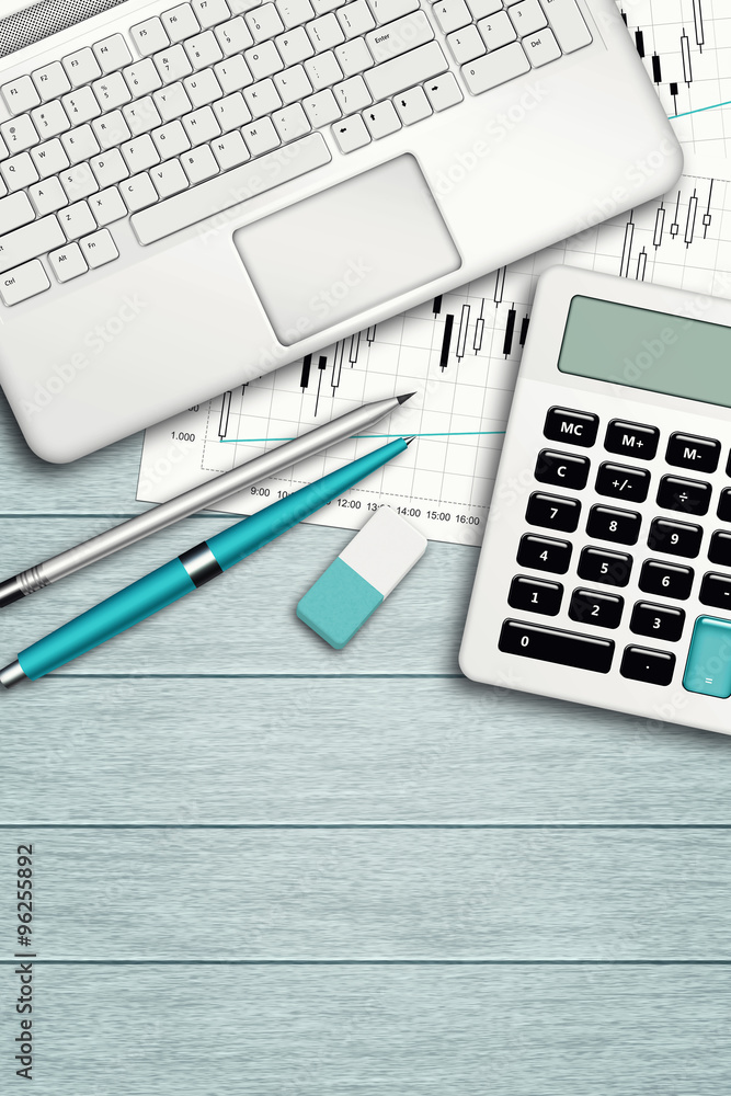 workplace with computer, calculator, stationery and place for te workplace with computer, calculator, stationery and place for te