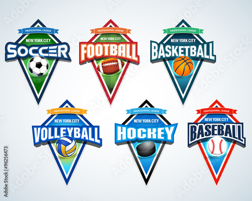 Sport team logo emblems, badge, pennants, t-shirt apparel design templates set. Soccer, American football, Basketball, Volleyball, Hockey, Baseball. Vector abstract isolated illustration