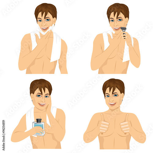 four steps of man shaving his face