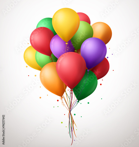 3d Realistic Colorful Bunch of Birthday Balloons Flying for Party and Celebrations With Space for Message Isolated in White Background. Vector Illustration
