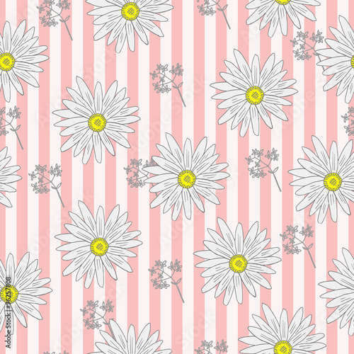 white chamomile on a striped Background with tonics branches