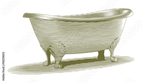 Engraved-style illustration of an old bathtub.