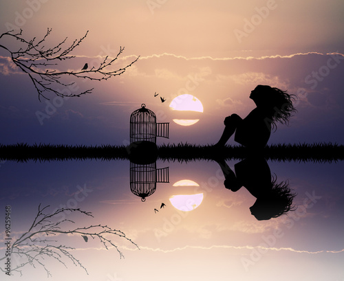 Canvas Print girl with cage for birds