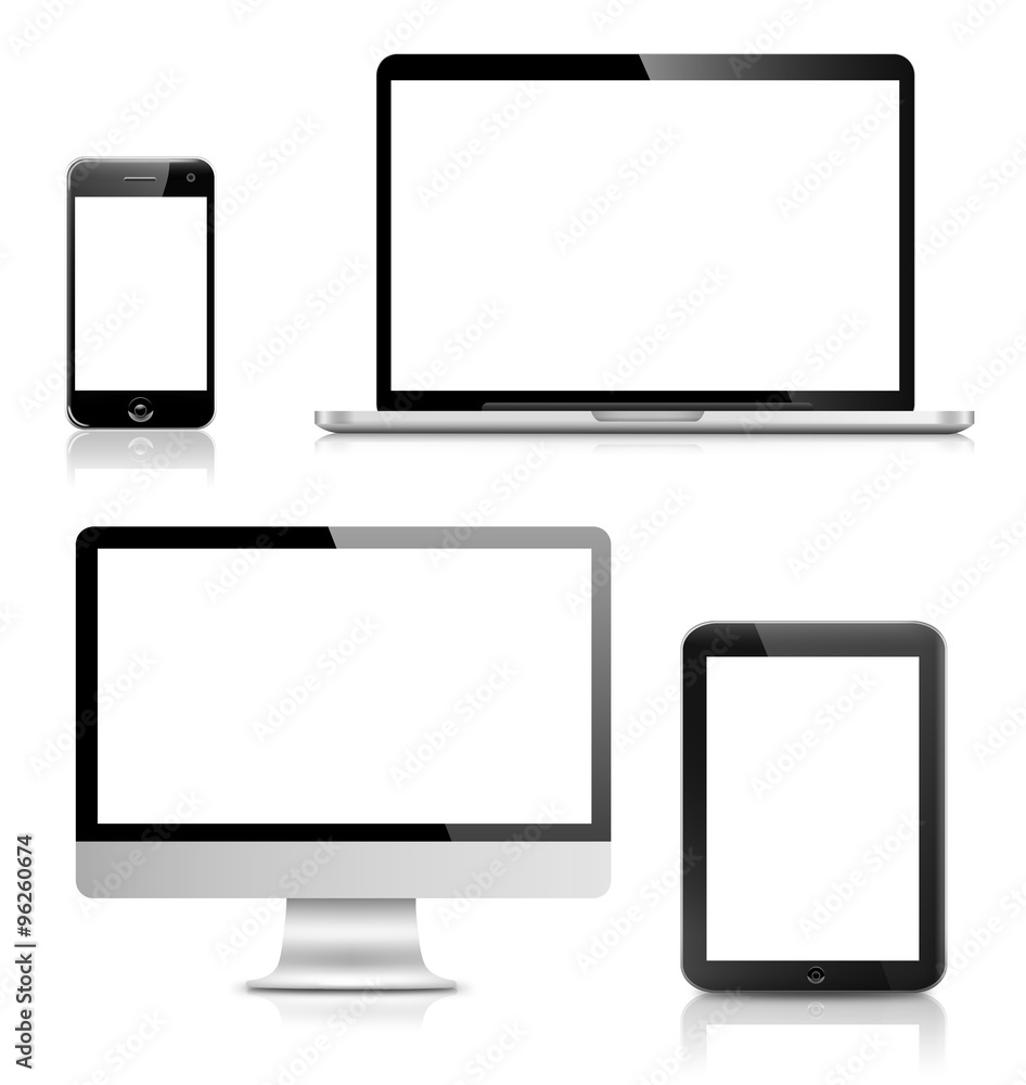 All generations of personal devices (LCD monitor of desktop computer, tablet PC, laptop PC and smart phone) with empty LCD screens isolated on white background All generations of personal devices (LCD monitor of desktop computer, tablet PC, laptop PC and smart phone) with empty LCD screens isolated on white background