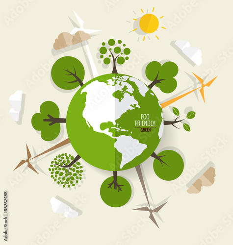 ECO FRIENDLY. Ecology concept with Green Eco Earth and Trees. Ve