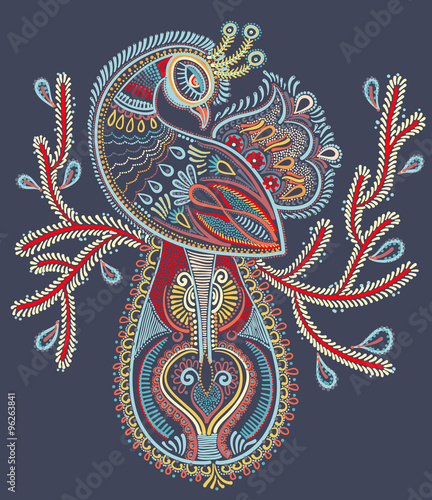 ethnic folk art of peacock bird with flowering branch design