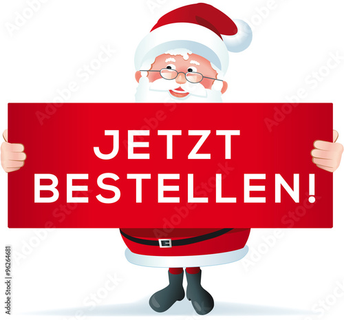Weihnachtsmann hält rotes Schild Jetzt bestellen