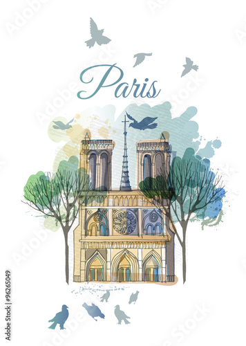 Notre Dame. watercolor vector background of Paris