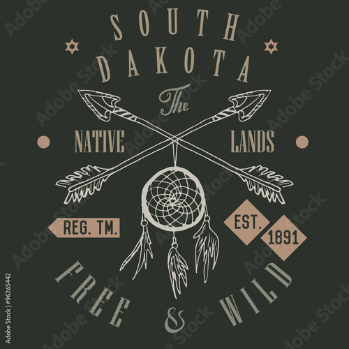 T-shirt Printing design, typography graphics, Free and wild the native lands vector illustration with dreamcatcher crossed arrows hand drawn sketch. Vintage retro style Badge Applique Label
