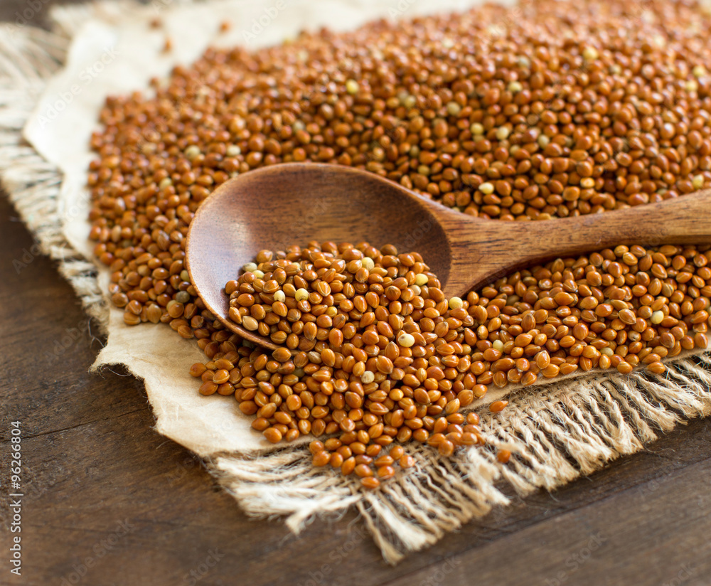 Whole brown millet pile with a spoon Whole brown millet pile with a spoon
