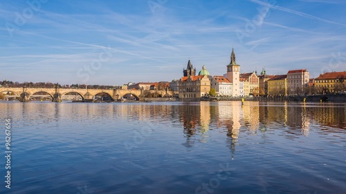 View of the Vltava River and the houses of prague in sunshine