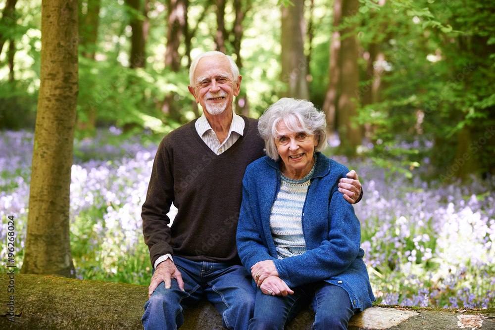 Fototapeta premium Senior Couple Sitting On Log In Bluebell Woods