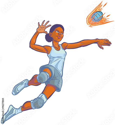 Girl Spiking Flaming Volleyball Vector Cartoon Illustration