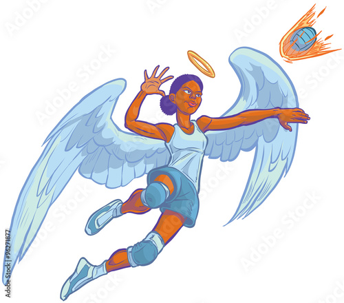 Girl Angel Mascot Spiking Volleyball Vector Cartoon Illustration