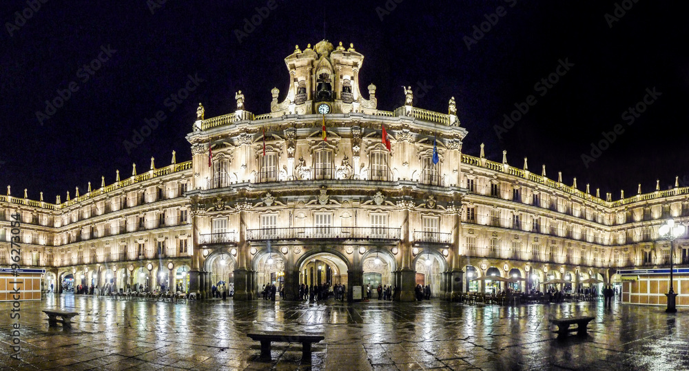 Famous Plaza Mayor in Salamanca at night, Castilla y Leon, Spain