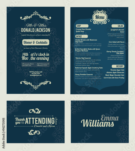 Vector Elegant Blue Dinner Coctails Party Invitation Set. Invite, menu, thank you, place card, event collection