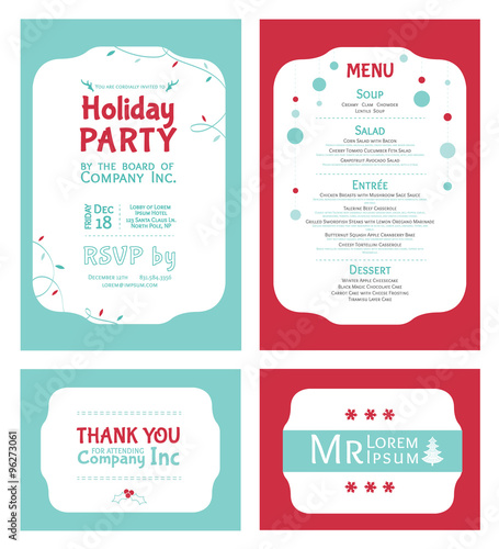 Vector Winter Holiday Party Invitation Set. Light blue. Red. Festive. Menu. Thank you. Place card