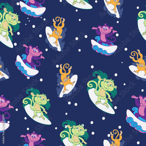Vector Colorful Cute Surfing Monkeys Seamless Pattern. Surfboard Wave Chimp