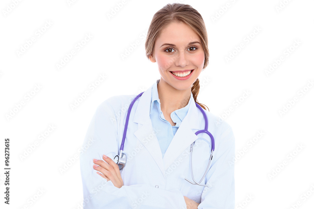 Friendly smiling young female doctor, isolated over white background Friendly smiling young female doctor, isolated over white background