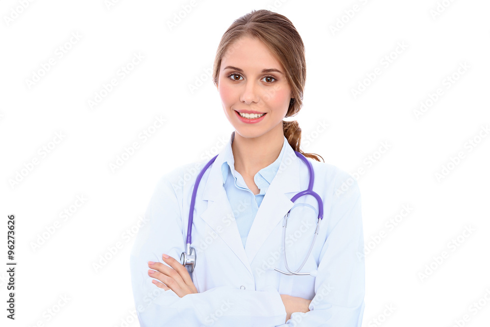 Friendly smiling young female doctor, isolated over white background Friendly smiling young female doctor, isolated over white background