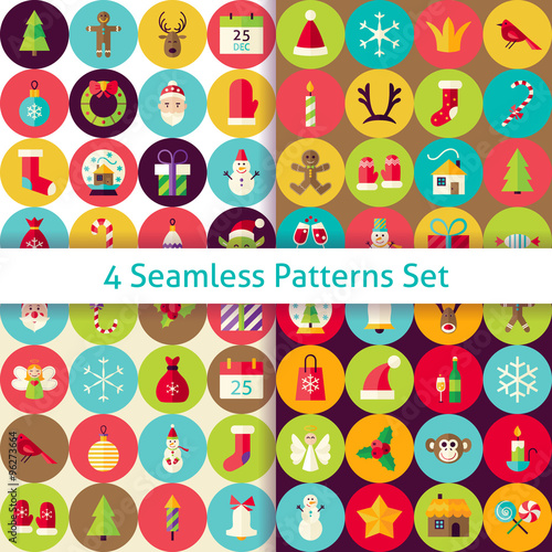 Four Vector Flat Merry Christmas Seamless Patterns Set with Circ