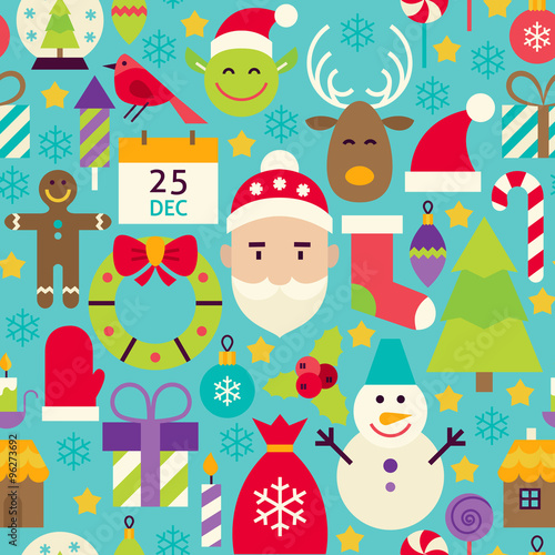 Merry Christmas Flat Design Vector Blue Seamless Pattern © anna_leni