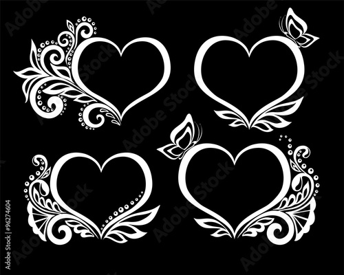 Set of beautiful black-and-white symbol of a heart with floral design and butterfly.