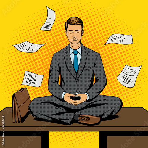 Businessman meditation cartoon pop art style 