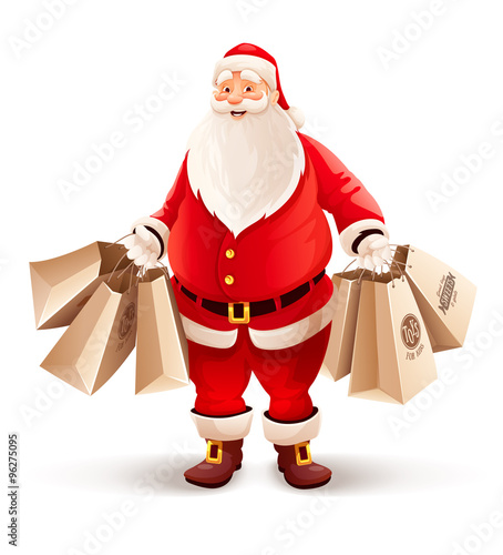 Merry Santa Claus with shopping bags buys gifts and sweets for