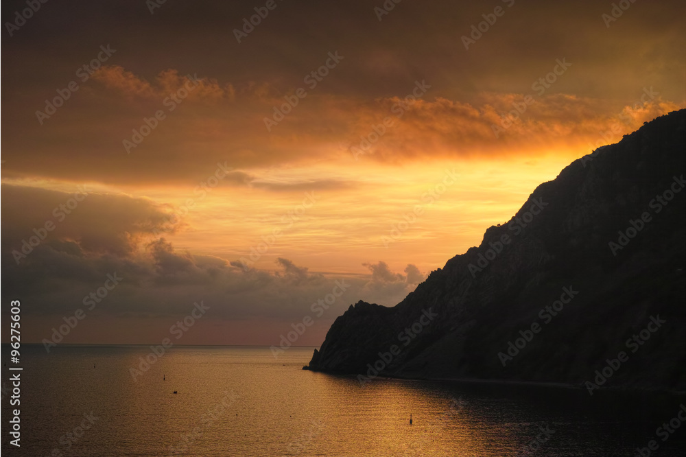 Sunset on the Mediterranean coast of Italy. Liguria.