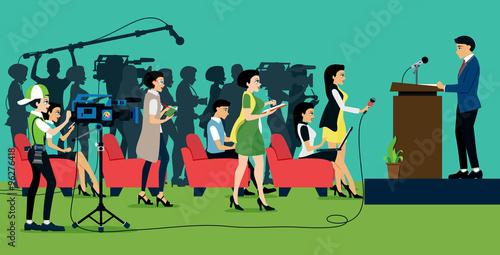 Politicians press conference with reporters and photographers.