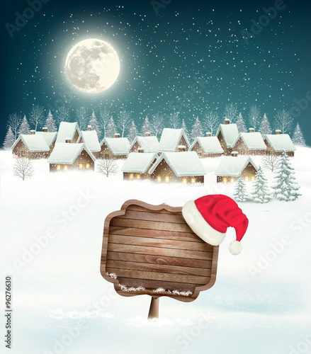 Winter village night background with wooden sign. Vector.