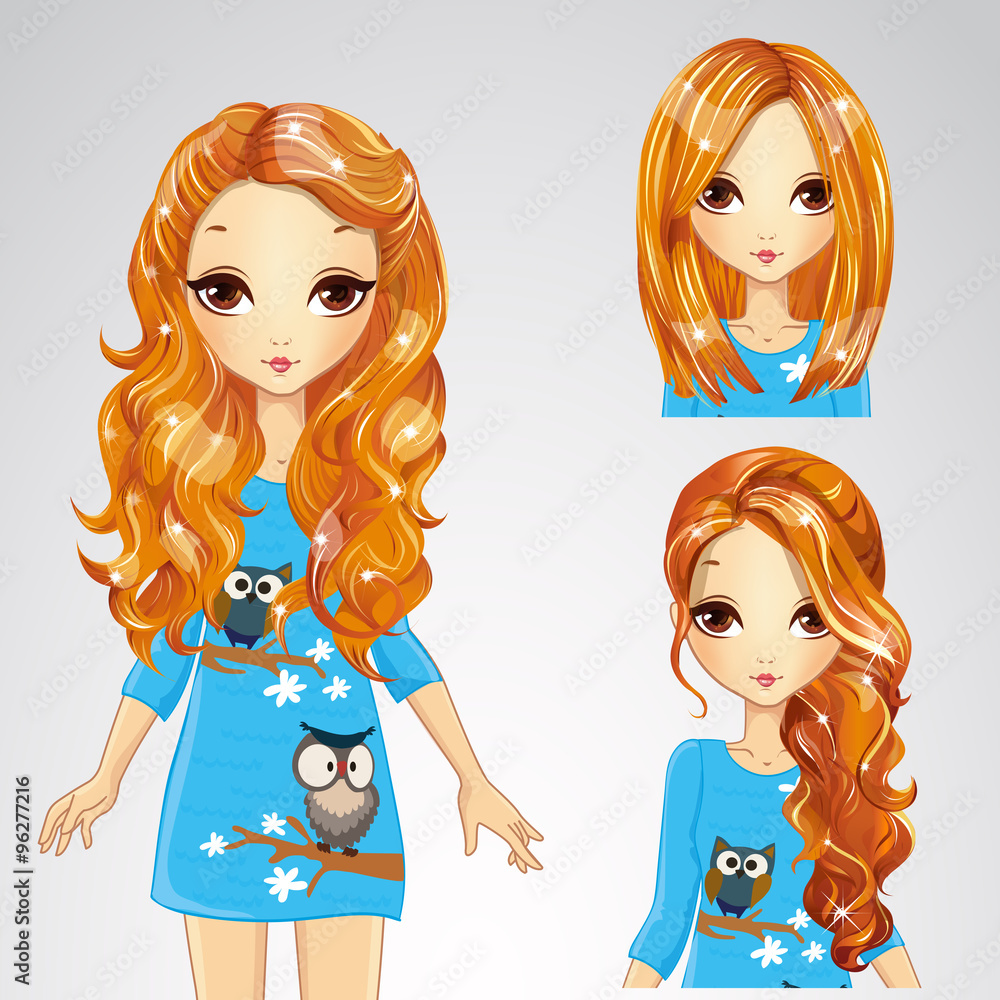 Girl In Blue Dress And Collection Of Hairstyles Girl In Blue Dress And Collection Of Hairstyles