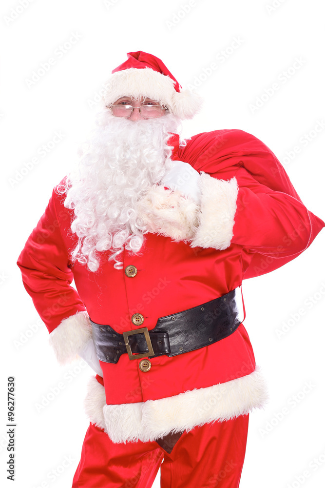 Kind Santa Claus carrying big bag, isolated on white background Kind Santa Claus carrying big bag, isolated on white background